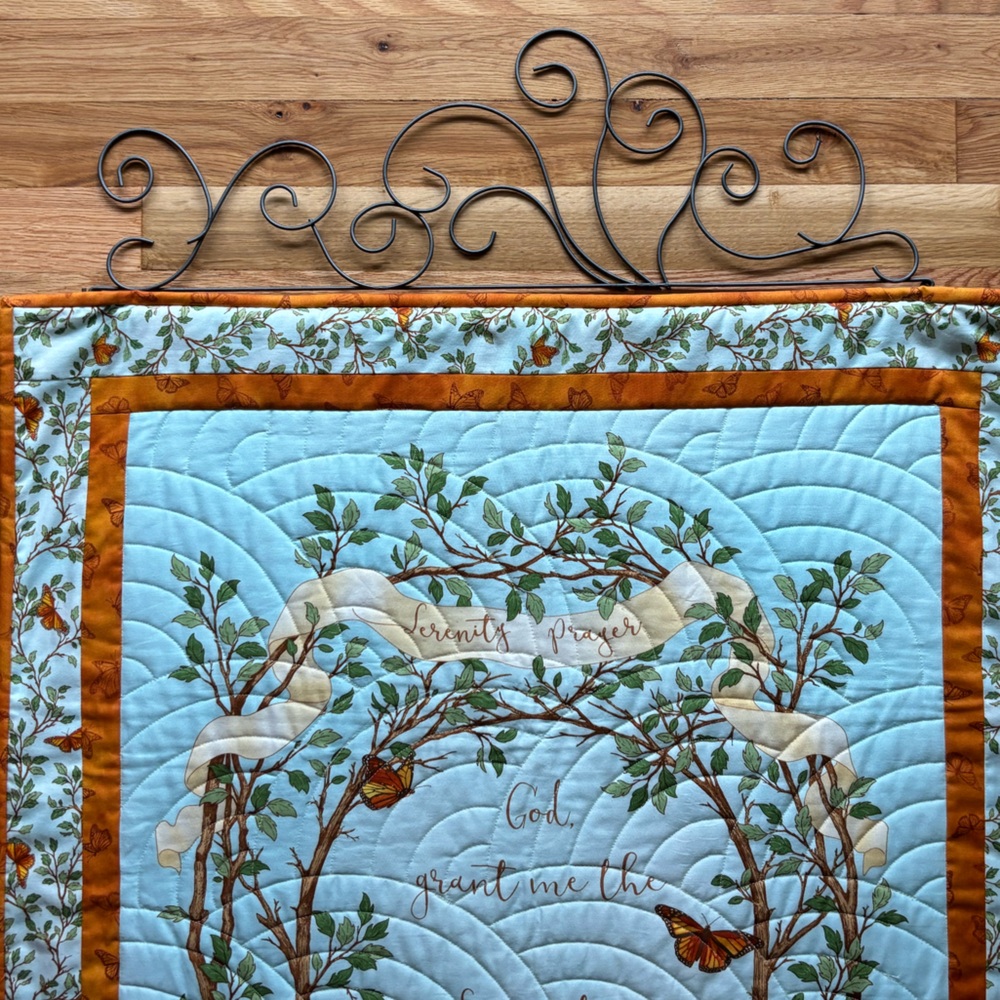 Serenity Prayer quilted wall hanging with metal filigree hanger 46”l x 28”w